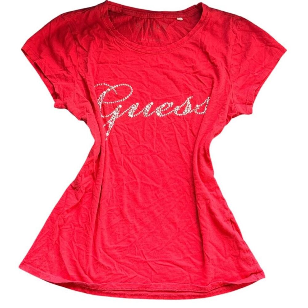 Vintage Y2K Guess rhinestone logo tee in cherry red 🍒 early 2000s bling aesthet